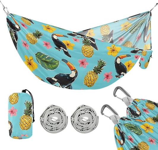 Camping Hammock Outdoor Hammocks for Outside Toucan Hibiscus Flower Beach Trees Portable Lightweight with Pockets Tree Straps Indoor Small