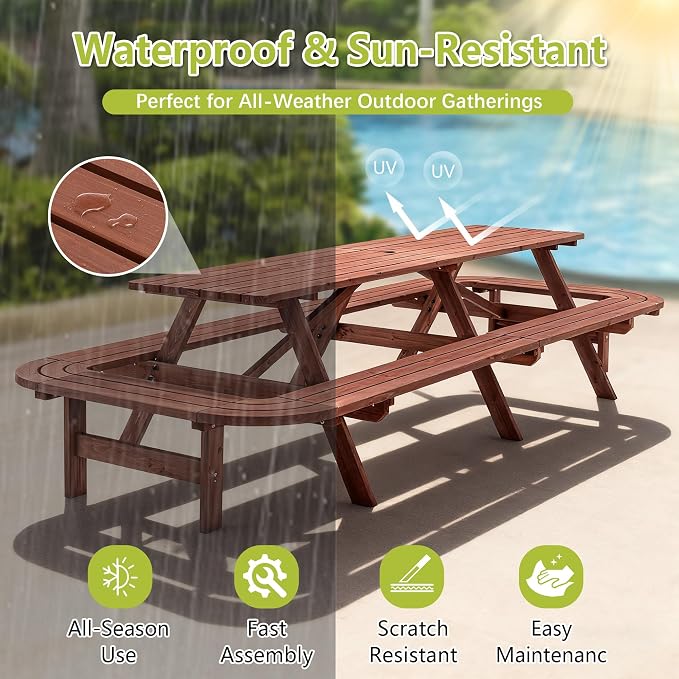 ZeHuoGe Picnic Table with Benches for 14-16 Persons, Nearly 8-Foot Long Outdoor Wooden Rectangle Table for Patio, Garden, Backyard, Large Outside Dining Set with Umbrella Hole