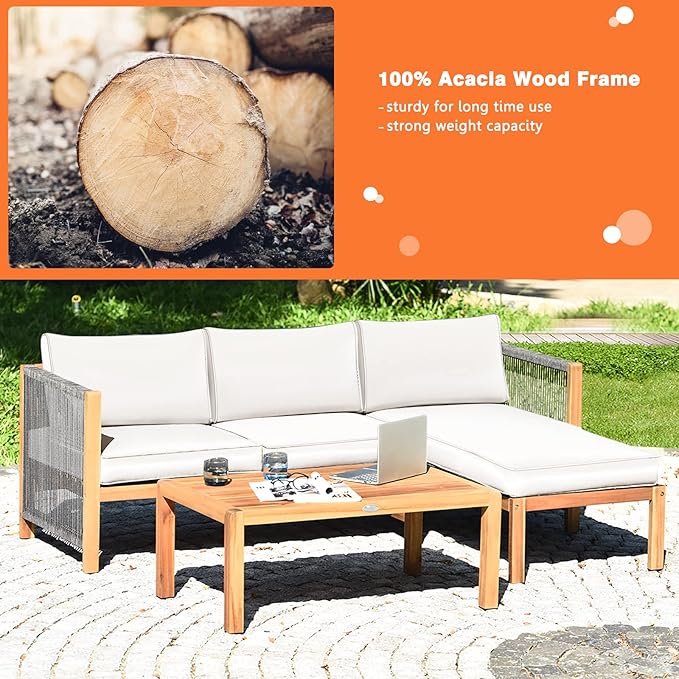Tangkula L Shape Outdoor Furniture Set, 3 Piece Acacia Wood Patio Conversation Set, with 2 loveseats and Coffee Table, Garden Backyard Poolside Patio Seating Set (White)