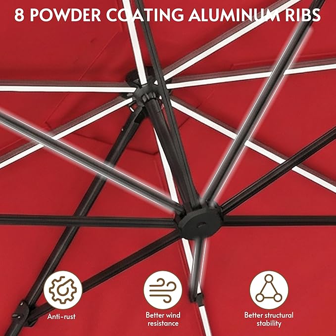 11x11FT Solar Powered LED Light Cantilever Patio Umbrella with Base Included, Large Cantilever Umbrella with 360°Rotation, Heavy-Duty Offset Outdoor Umbrella for Patio,Pool,Backyard (Red)