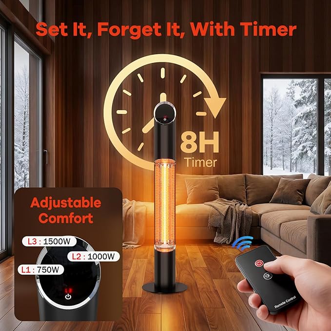 Outdoor Electric Patio Heater, Portable Infrared Heater, Heaters for Outdoor/Indoor Use, Standing Heaters for Patio, Garage, Backyard, 1500W, Black