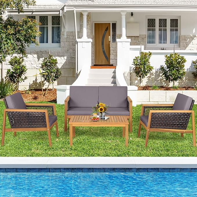HAPPYGRILL 4 Pieces Patio Conversation Set Acacia Wood Furniture Set with Coffee Table, PE Rattan Wicker Sofa Set with Soft Cushions for Outdoor Garden Deck Poolside