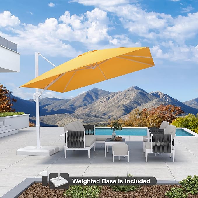 PURPLE LEAF 10 FT Patio Umbrella With Base White Cantilever Umbrella Square Outdoor Offset Umbrella Windproof with 360° Rotation for Garden Deck Pool, Yellow