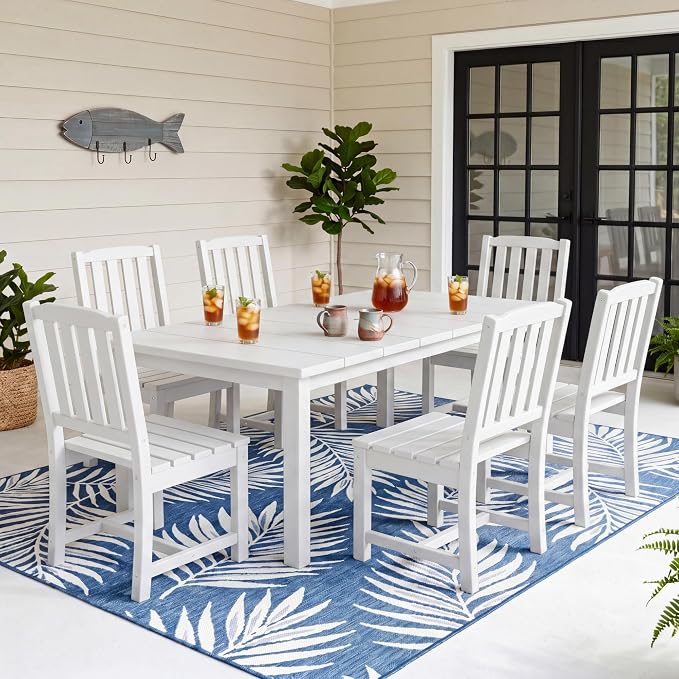 Perli™ 7-Piece Outdoor Dining Set, All-Weather HDPE Patio Table and 6 Chairs with Umbrella Hole, UV-Resistant Composite Wood Dining Furniture for Deck, Backyard, Poolside, White