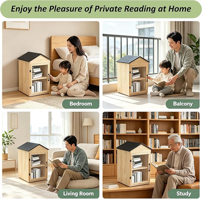 Little Outdoor Library Box, 2-Tier Waterproof Free Library Wooden Cabinet, 16x15x25 Inch Small Storage Box for DIY, Neighbourhoods, Communities and Kids to Share Books, Magazines, Artworks