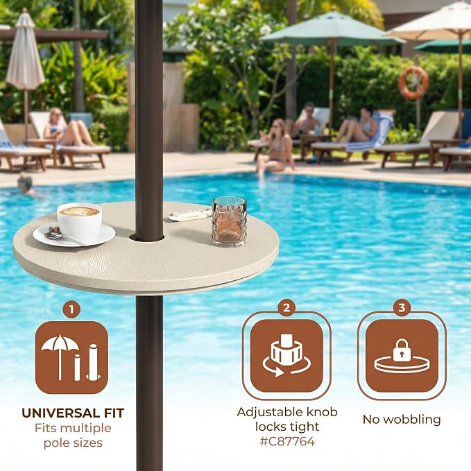 2PCS Umbrella Table Tray, Small Outdoor Sand Table with 1.6 Inch Umbrella Hole, 14.8 Inch Umbrella Tray, Portable Tabletop for Beach, Backyard, Pool, Beige