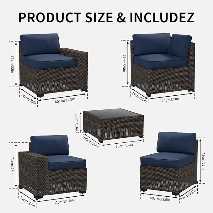 SHGJ&SOFT 6pcs Outdoor Patio Furniture Set, Waterproof Wicker Outdoor Sectional Couch with Thick Cushions, All-Weather Rattan Sectional Sofa (Dark Blue 1, 6 pcs)