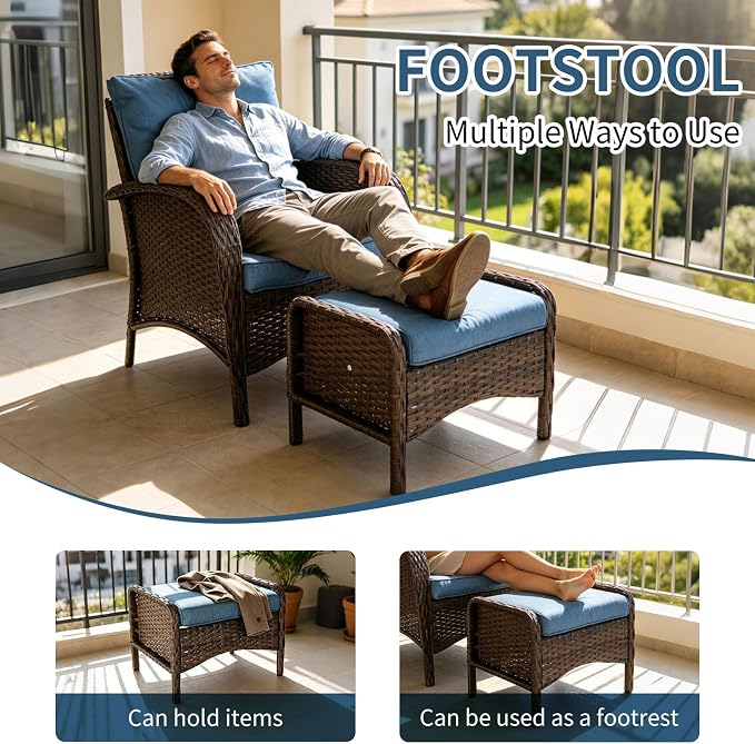Outdoor Swivel Rocker Patio Chairs (Brown Wicker/Blue Cushion, 9PC/Sofa & Swivel & Chair &2 Table& Ottomans)