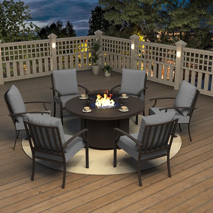 Kurapika 7 Piece Metal Outdoor Patio Furniture Set with 48" Round Fire Pit Table, Patio Conversation Sets 6 Fixed Chairs with Thick Cushion, Gray