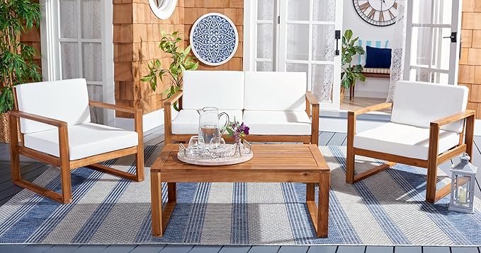 SAFAVIEH Outdoor Collection Emiko Natural/Beige Cushion Solid Wood 4-Piece Conversation Patio Set