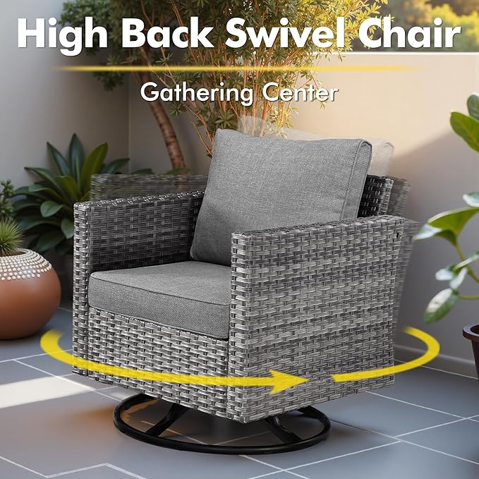11 Piece Outdoor Patio Furniture Set with 46" Fire Pit Table, Wicker Sectional Conversation Set Whit Swivel Chairs,Modern Outside Sofa for Balcony Backyard(Dark Gray)
