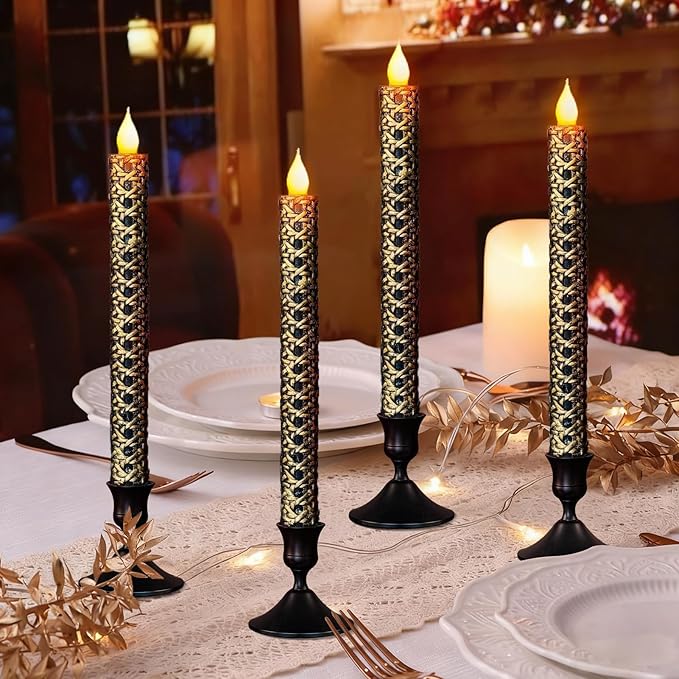 6 Pcs Black and Gold Flameless Taper Candles - 9.65 Inch Battery Operated LED Candlesticks with Flickering Flame for Elegant Table, Wedding & Home Decor