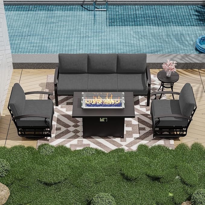 Patio Furniture Set 5-Piece Aluminum Armrest Sofa, Modern Outdoor Living Room Set with 55000 BTU Propane Aluminum Fireplace, Outdoor Rotary Joystick with Thick Cushion