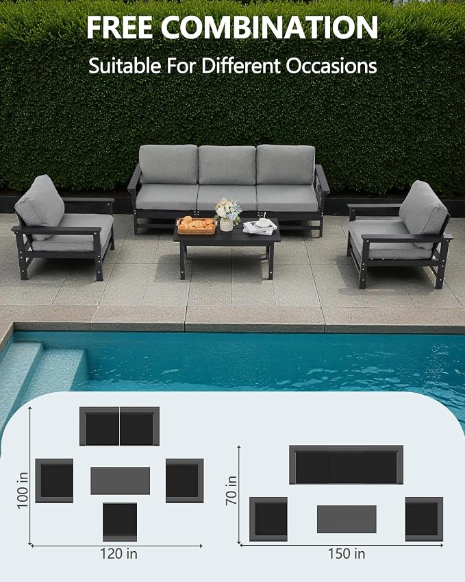 HDPE Outdoor Patio Furniture Set, 6-Piece Sofa Set with 3-Seat Couch, 2 Armchairs & Coffee Table, Weatherproof Conversation Set with Cushions, All-Weather Waterproof, for Garden, Porch & Backyard