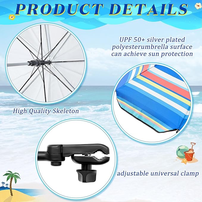 Buryeah 2 Pcs Beach Chair Umbrella Automatic with Universal Adjustable Clamp 44" UPF 50+ Portable Clamp on Beach Chair for Wheelchair Patio Golf Carts Camping
