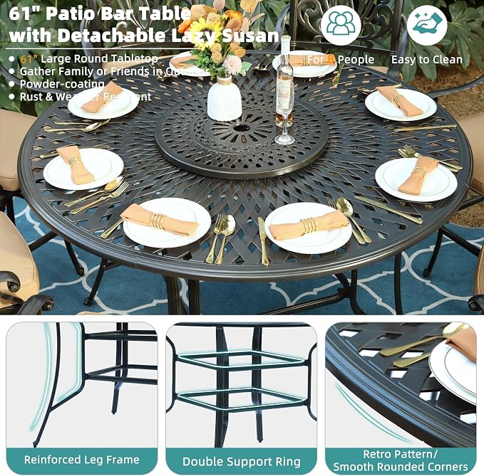 MEETWARM 61" Outdoor High Bar Dining Table for 8 Person, All Weather Cast Aluminum Large Round High Top Dining Table with 24" Lazy Susan, Patio Bar Height Table for Garden Backyard, 2" Umbrella Hole
