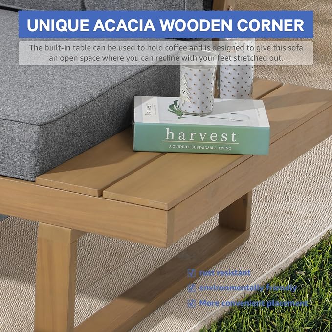 SUNSITT 4 Piece Acacia Wood Patio Furniture with Waterproof Cover, L-Shaped Outdoor Sectional Sofa Set with Coffee Table, FSC Certified Conversation Set with Built-in Side Table & Grey Cushions