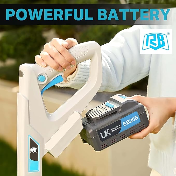 RB 40V 9" Mini Cordless Lawn Mower with Battery & Charger for Small Yards | Ultra-light with brushless motor. 3 cutting heights. One-hand steering. Upright storage for tiny spaces, small lawns, patios.