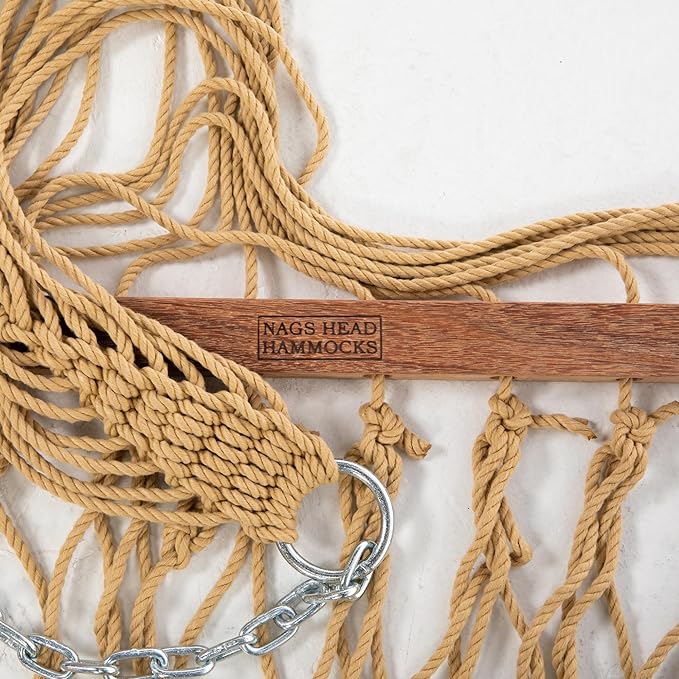 Nags Head Hammocks Single Tan DuraCord Rope Hammock – 12 ft. x 50 in., 450 lb Capacity, Cumaru Spreader Bar, Galvanized Hardware, Handcrafted in USA, Free Chains & Tree Hooks