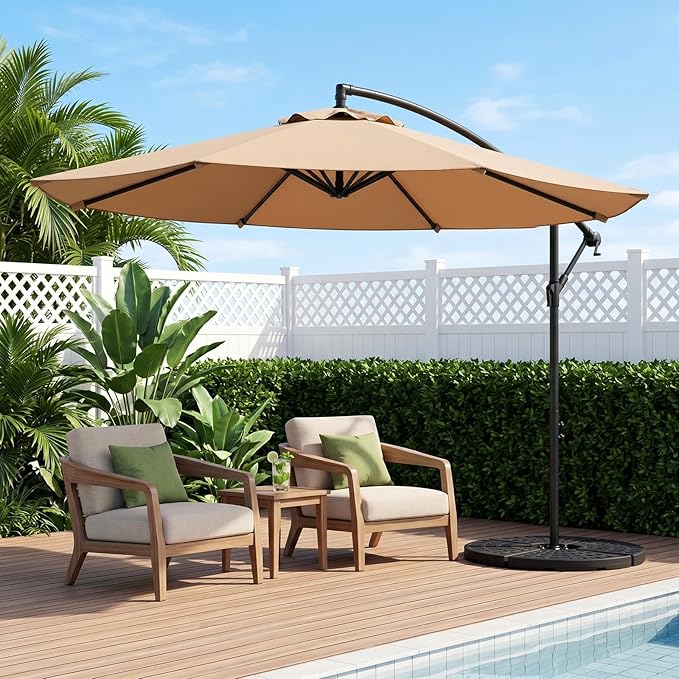 10FT Patio Umbrella, 360° Rotation Offset Cantilever Umbrella with Crank Tilt Fabric Canopy, UV & Water Resistant Outdoor Shade Hanging Umbrellas for Pool Deck Backyard Garden