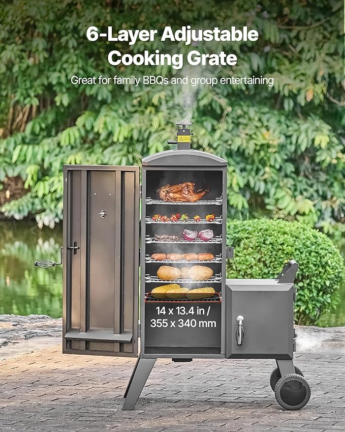 VEVOR Charcoal Offset Smoker, Heavy-Duty Steel BBQ Offset Smoker with Side Firebox, Movable Outdoor Barbecue Smokers with 6 Adjustable Grates, Thermometer & Air Vents for Backyard Patio Party Cooking
