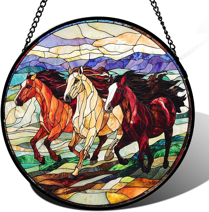 Stained Glass Window Hanging, Galloping Horses Sun Catcher for Door Home Decor Colorful Suncatcher Christmas Mother's Day Birthday Gifts for Women Men Mom and Nana 6.3 in