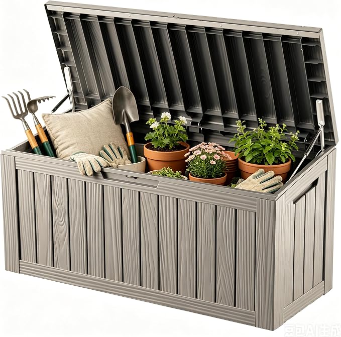98 Gallon Large Deck Box, Waterproof Resin Outdoor Storage Box Lockable, Patio Storage Bench for Furniture Cushions & Garden Tools, 2-Person Seat, UV-Resistant, Gray Brown