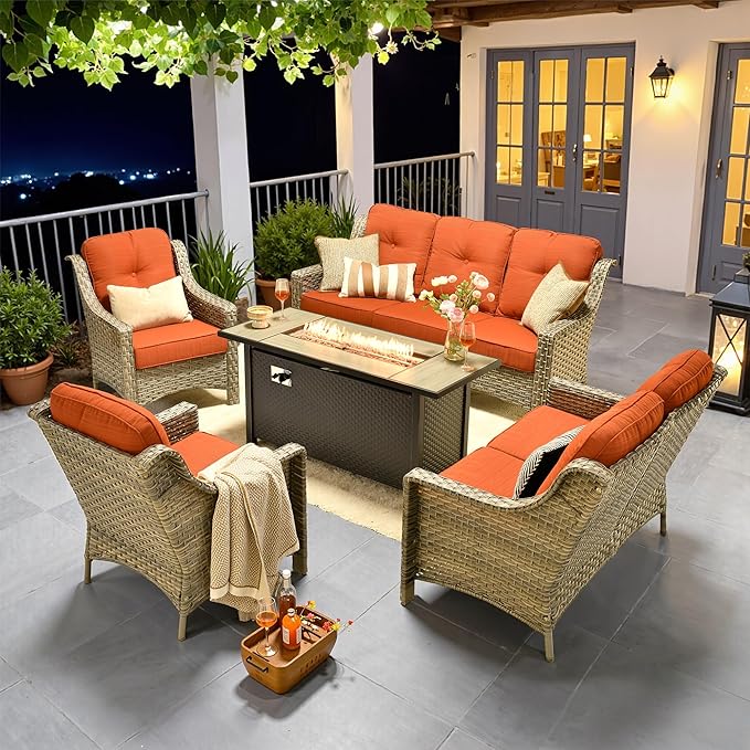 Outdoor Patio Furniture Sets, 5 PCS Patio Conversation Set Outside Rattan Sofa with 54 in Fire Pit Table Comfy Cushions Fit Backyard Porch Garden Poolside Balcony,Coarse Stripes Red