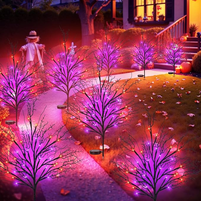 Halloween Solar Pathway Lights 4PCS, Halloween Outdoor Decorations, Artificial Tree Waterproof LED Lights for Lawn Yard Garden Driveway Porch Walkway, Auto On/Off