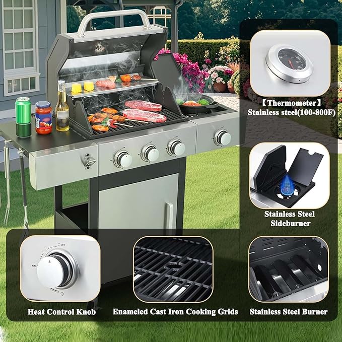3-Burner Propane Gas BBQ Grill with Side Burner & Porcelain-Enameled Cast Iron Grates, 37230 BTU Output Stainless Steel Grill for Cooking Kitchen Patio Backyard Barbecue