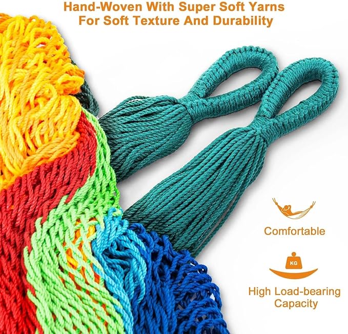 Lazy Daze Hammocks Handwoven Mayan Hammock with Heavy Duty Steel Stand, 10.5 FT Soft Rope Double Hammock for Patio Outside, 550 lbs Weight Capacity, Multi Color