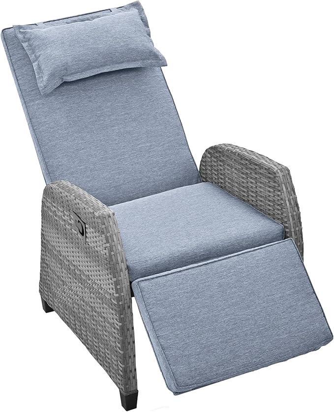 LUMISOL Outdoor Recliner Chairs Set of 2, 3 Piece Rattan Sofa Set, Patio Rocking Chairs Set with Adjustable Footrest, Outdoor Rattan Reclining Chairs with Table & Pillow for Backyard, Porch (Grey)