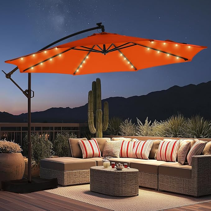 HOMSHADE 10ft Solar Lights Offset Cantilever Patio Umbrella - with Light and Base, LED Lighted Offset Hanging Patio Outdoor Market Umbrella UPF50+ UV Protection with Easy Tilt and Crank (Neon Orange)