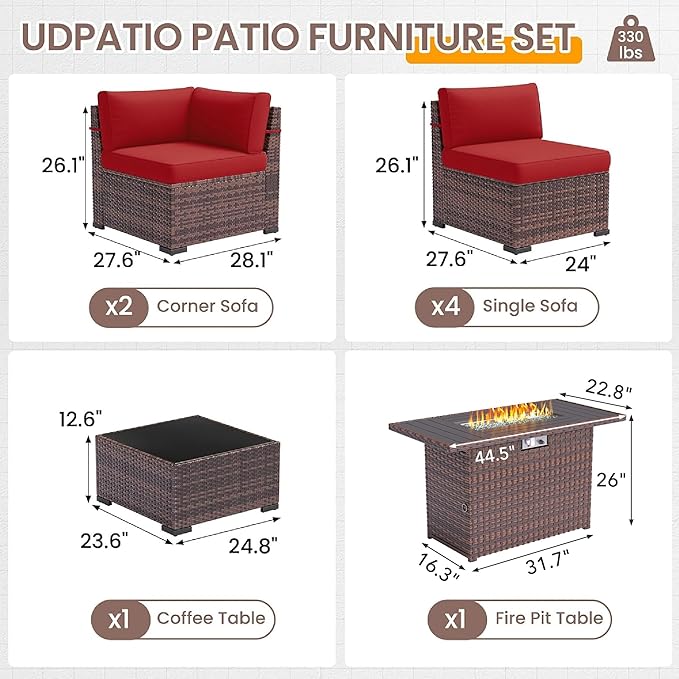 UDPATIO Patio Furniture Set with 44'' Fire Pit Table,Modular Outdoor Furniture Sets,Slanted Back Outdoor Sectional Conversation Set PE Rattan Sofa for Backyard W/Coffee Table,4'' Cushions,8 PCS,Red
