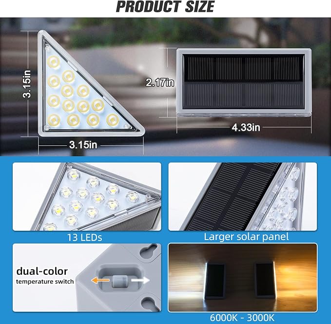 Solar Step Lights 6 Pack - Outdoor Stair Lights with 3000K Warm White & 6000K Cool Daylight, IP67 Waterproof, Auto On/Off, Super Bright for Deck, Patio, Steps