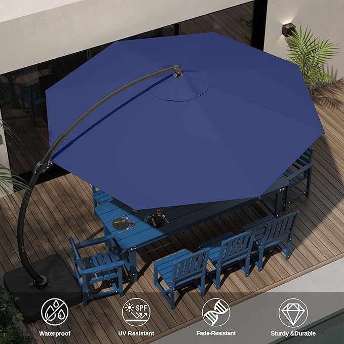 11FT Cantilever Patio Umbrella with Solar LED Lights and Base, 360 Rotating Offset Umbrella with Infinite Tilt, Heavy Duty Aluminum Frame, Outdoor Canopy for Patio, Pool, Backyard, Navy
