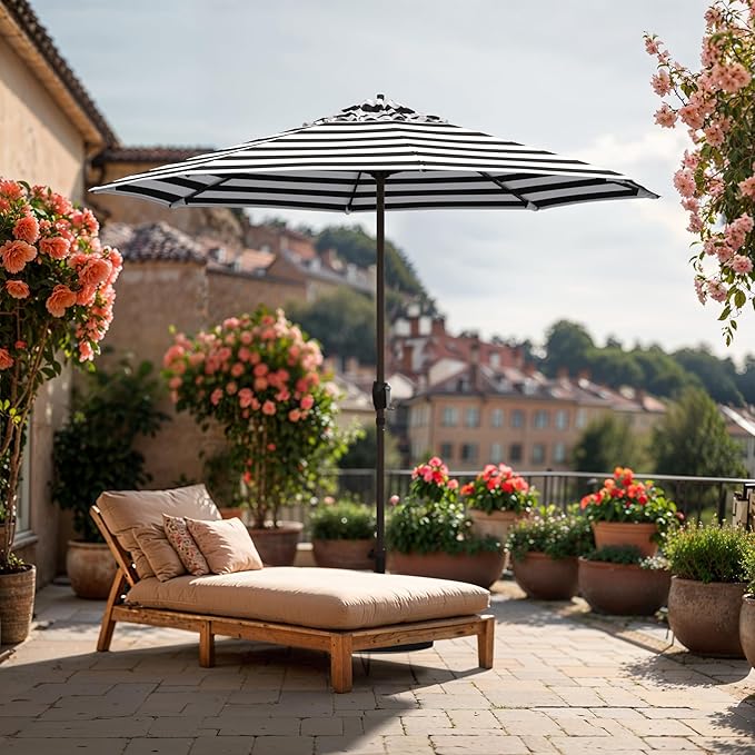 California Umbrella 12-Year Protection 9-Ft Outdoor Patio Umbrella, Sunbrella Fade-Resistant Fabric, Auto-Tilt, Heavy Duty Aluminum Frame, 8 Reinforced Ribs for Pool or Deck, Bronze Pole, Cabana Classic
