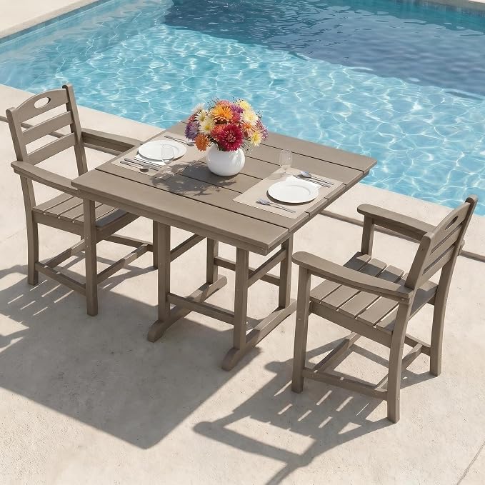 Outdoor Patio Dining Square Table and Armchair 3 Piece Set, Brown | HDPE Material, 1.77" Umbrella Hole, All-Weather, Patio Furniture, Table and 2 Chairs, For Backyard, Deck, Garden
