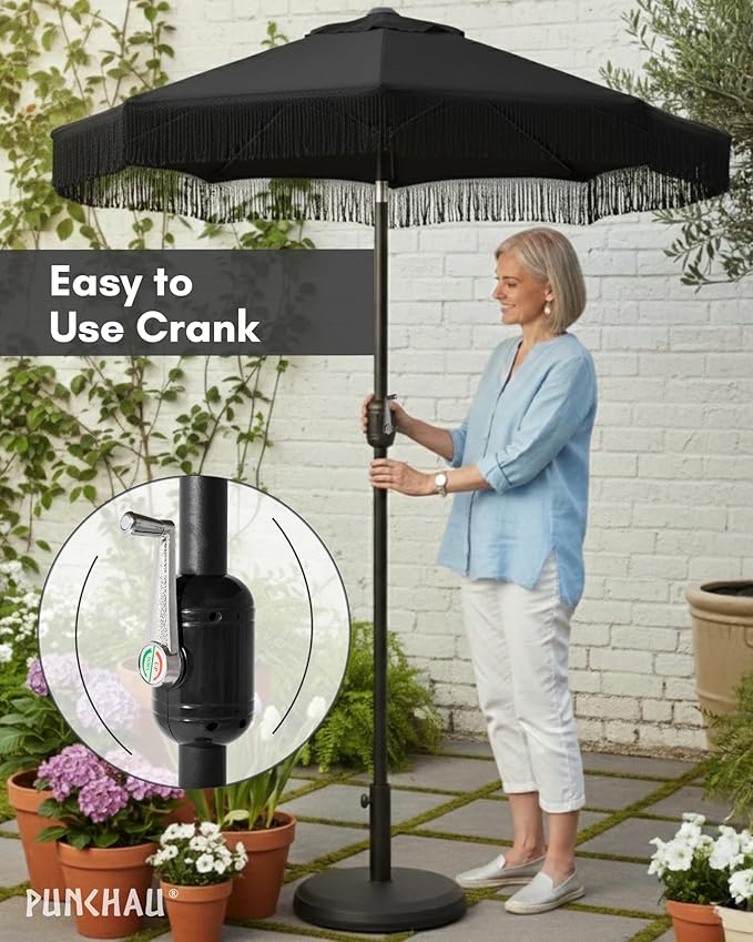 6 Ft Fringe Patio Umbrella - Outdoor Umbrella for Patio, Pool, Table, Garden, & Deck, Push Button Tilt Pole - Fashionable Vintage Tassels - White