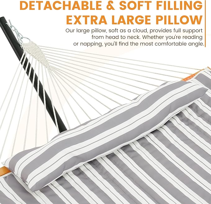 Lazy Daze Hammocks Rope Hammock with Pad, Spreader Bar, Carabiners, Tree Straps, Chains for Outside Patio- Max 450 Lbs, Light Grey Stripes