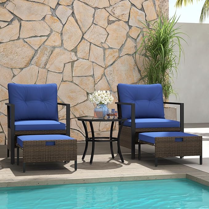 Tangkula 5 Piece Outdoor Furniture Set, Rattan Chairs & Ottomans w/Round Glass Topped Coffee Table, Space Saving Cushioned Patio Conversation Set for Backyard, Poolside (Navy)
