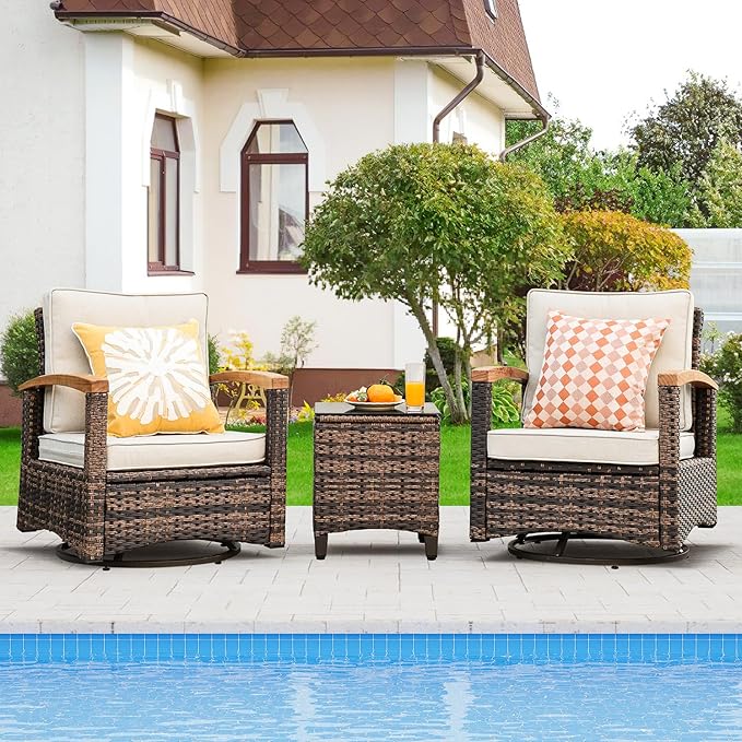 MEISSALIVVE 3 Piece Outdoor Swivel Rocker, Patio Furniture Bistro Set with 360° Wood Armrests Swivel Rocking Chairs and Side Table for Porch,Deck,Balcony (Brown)
