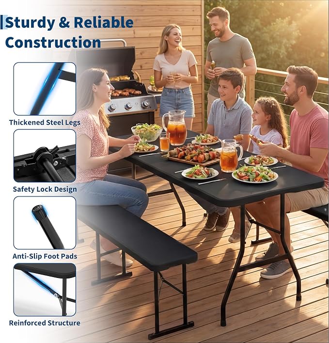 Garvee 6FT Portable Folding Table, HDPE Plastic Foldable Table with Carry Handle for Camping, Parties, Picnic & Events Indoor Outdoor, Black
