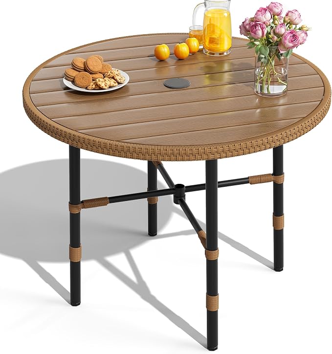 YITAHOME 35.4'' Outdoor Round Table with 2.2" Umbrella Hole, Patio Dinning Table for Bistro, Lawn, Backyard, Garden, Porch and Poolside