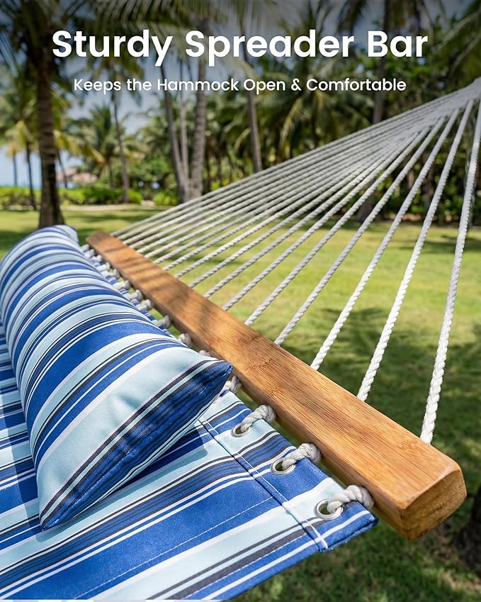 Double Quilted Outdoor Hammock for 2 Adults, 500lb Capacity Backyard & Camping Hammock with Pillow and Bamboo Spreader Bar, Fits 11–15ft Hammock Stands (Stand Not Included),Blue