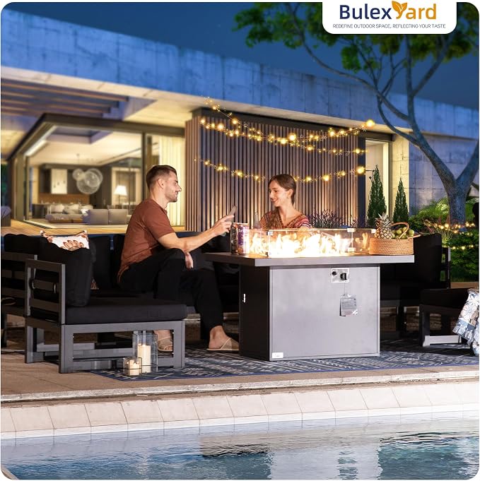 BULEXYARD 9 Pcs Large Modern Aluminum Outdoor Sofa with Rectangular Fire Pit Table, 29" Deep Wide Seat, 500 lbs Durable Sectional Set for Heavy People, All-Weather Patio Furniture Set for Deck, Black