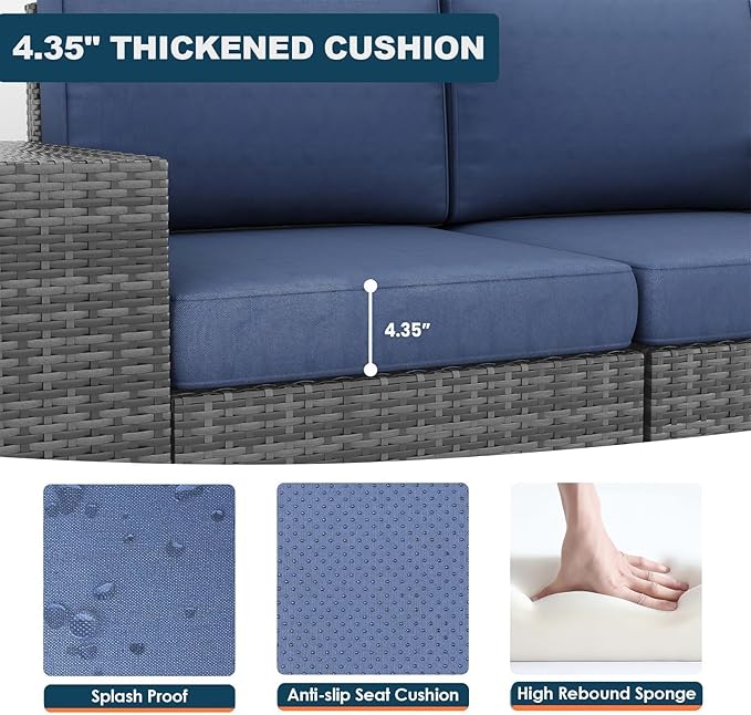 13 Piece Patio Furniture Set with Fire Pit Table, Outdoor Conversation Sets Grey Wicker Rattan Sectional Sofa, 4'' Thickened Cushion Navy Blue
