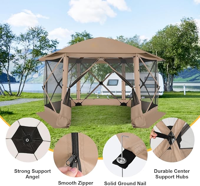 COBIZI 12x12 FT Pop Up Canopy Extendable Tent, Gazebos On Clearance with Removable Roof, Screened in Gazebo with sidewalls, Screen Tents Portable carpas para Patio for Outdoor Camping,Backyard,Khaki