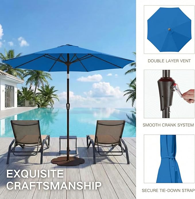 Kingdura 9FT Outdoor Patio Umbrella, Market Table Umbrella with Push Button Tilt and Crank, 8 Sturdy Fiberglass Ribs, UV Protection for Pool, Lawn, Deck, Backyard, Garden (Royal blue)
