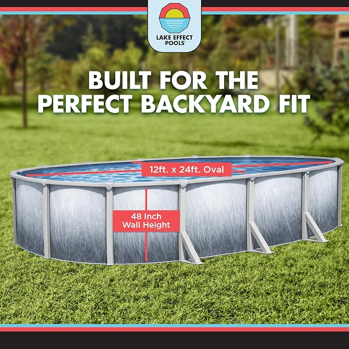 Lake Effect Pools 'Bermuda' 12 ft x 24 ft Oval Above Ground Swimming Pool | 48 Inch Resin Protected Steel Sided Walls | Bundle Includes: 25 Gauge Overlap Liner & Widemouth Skimmer